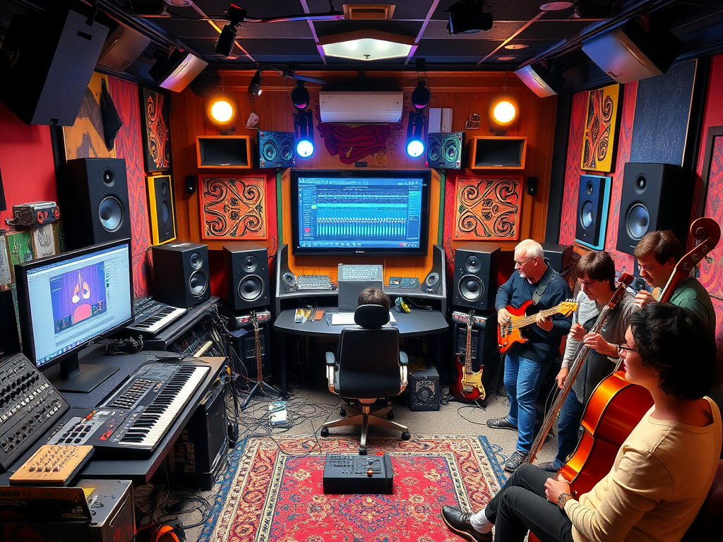 Een levendige muziekopnamestudio met diverse muzikanten.