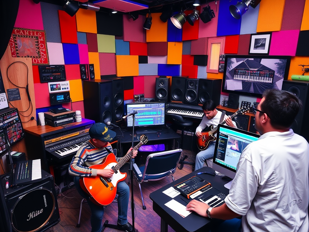 Een levendige muziekstudio met kleurrijke apparatuur en muzikanten.