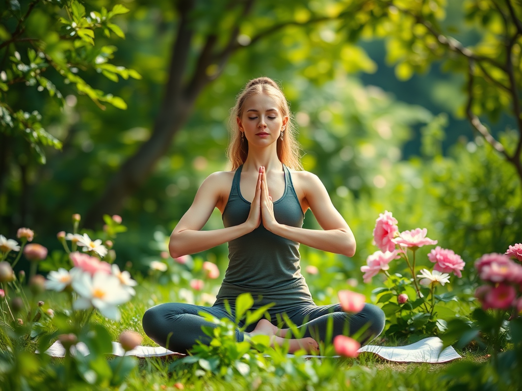 Vrouw die yoga beoefent in een bloeiende tuin.
