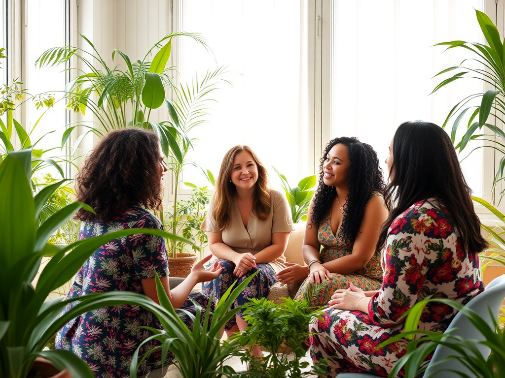 Vijf vrouwen in een workshop, omringd door planten.