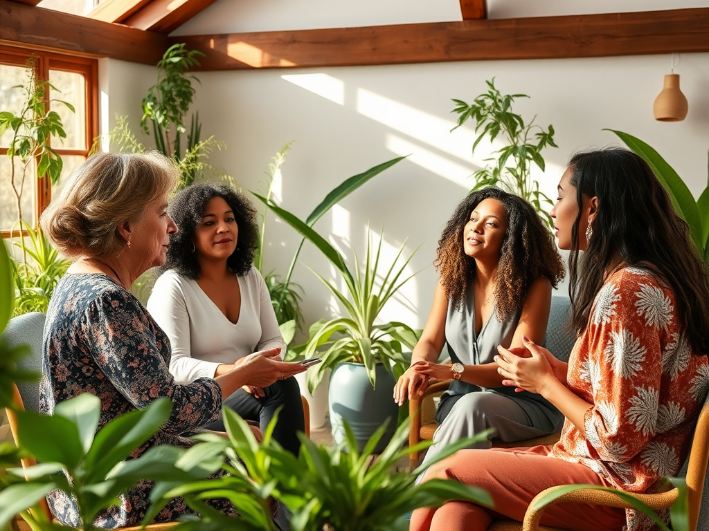 Een groep vrouwen in een zonnige, groene workshop.