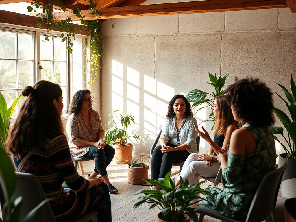 Een rustige workshop met diverse vrouwen in gesprek, omringd door planten.