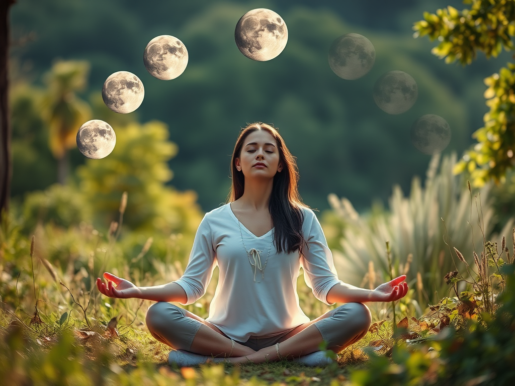 Een serene vrouw die mediteert in de natuur, met maanfases boven haar.