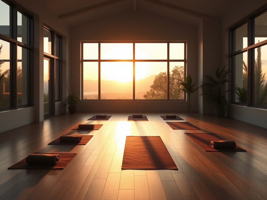 Een serene yogastudio bij zonsopgang met zachte verlichting.