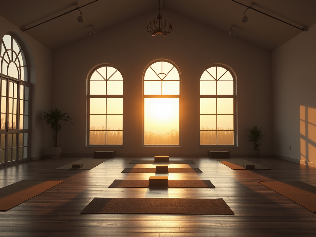 Een rustige yogastudio bij zonsopgang met zachte verlichting.