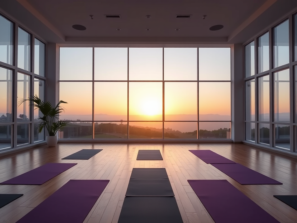 Een serene yogastudio bij zonsopgang met yoga matten.