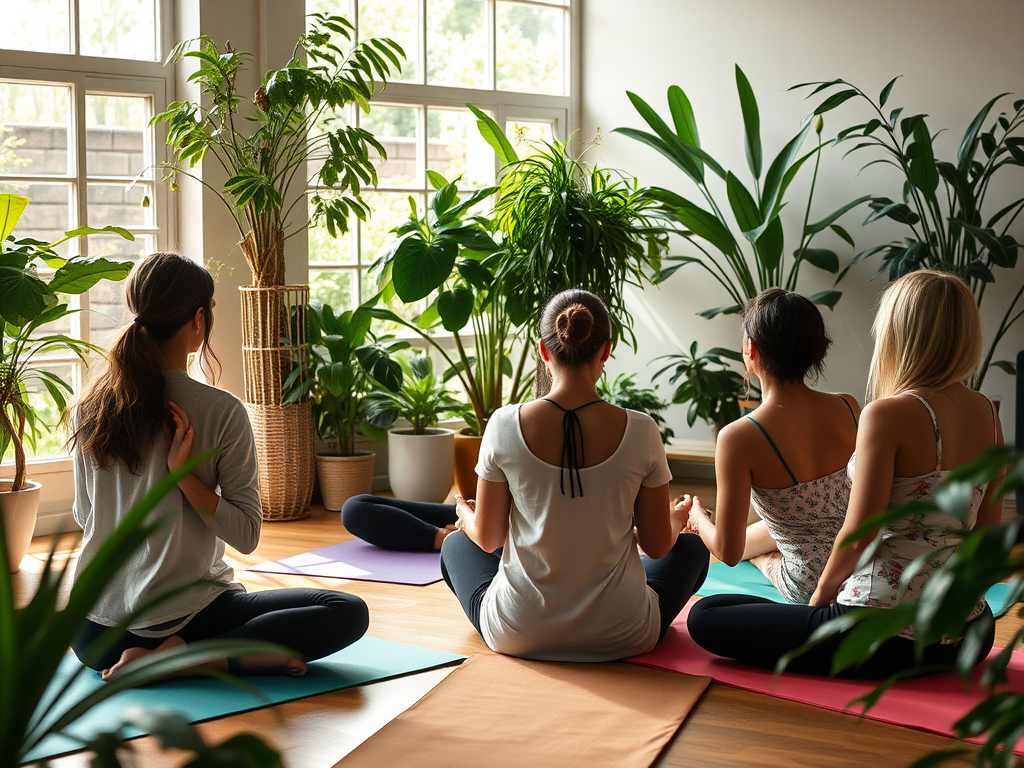 Vrouwen mediteren in een groene, rustige workshopruimte.