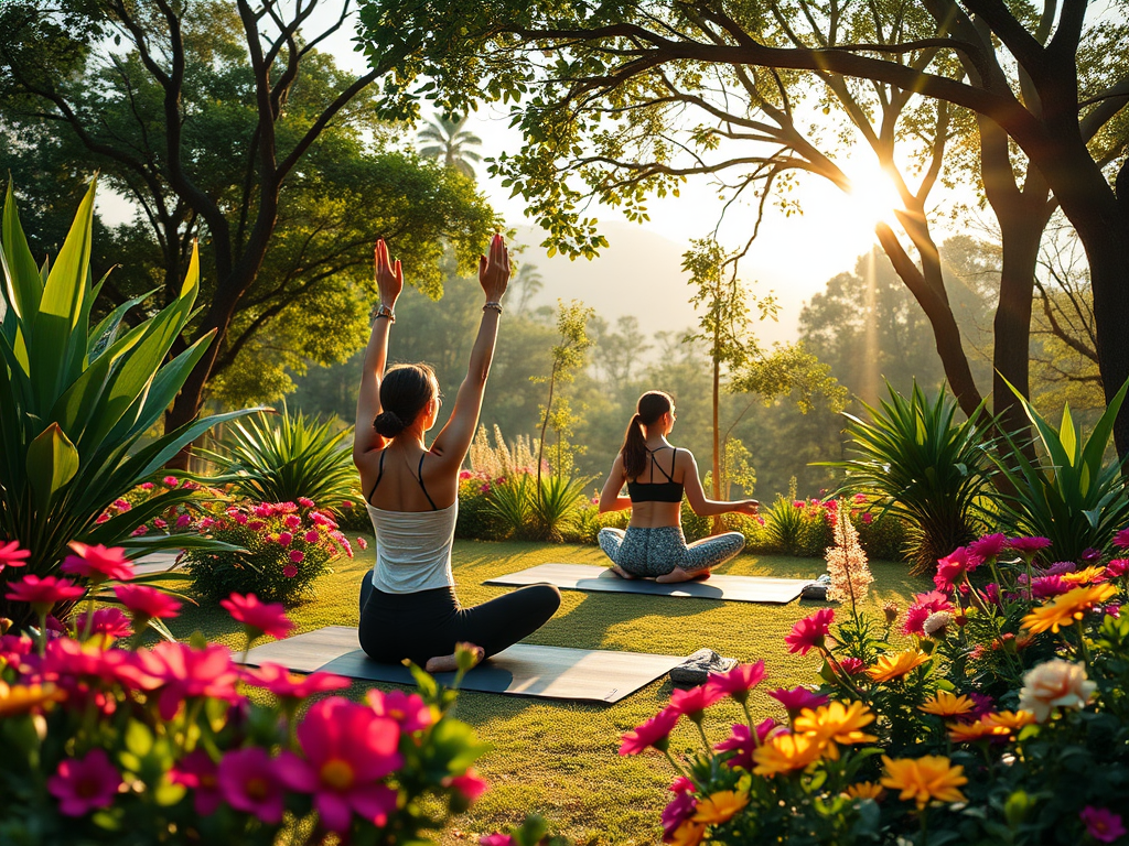 Vrouwen doen yoga in een groene oase met bloemen.