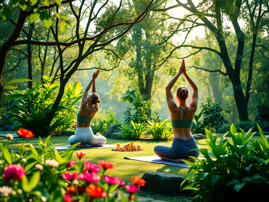 Vrouwen die yoga beoefenen in een groene omgeving.