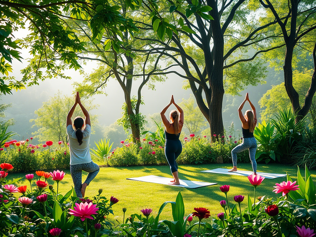 Vrouwen die yoga beoefenen in een groene tuin.
