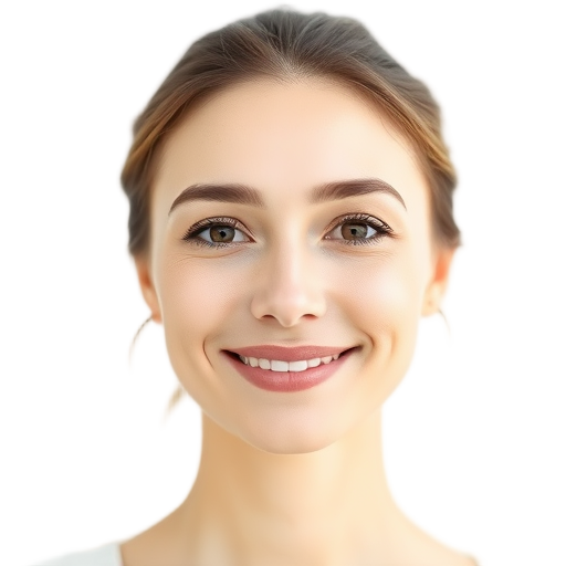 A serene woman smiling gently with soft lighting, "calm expression," "natural makeup," "white background," conveying warmth and healing.