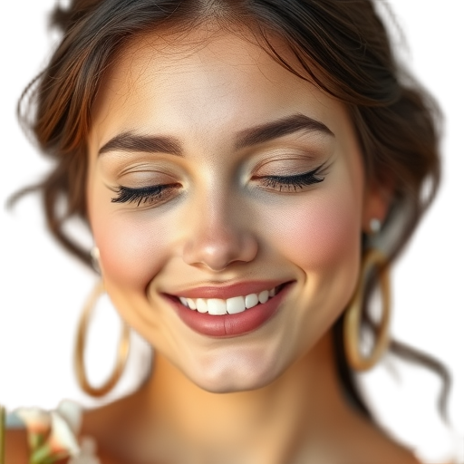 A serene woman smiling softly with warm, gentle eyes and radiant skin, surrounded by soft pastel light and subtle floral accents.
