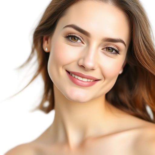 A serene woman smiling softly to the camera with a white background looking like