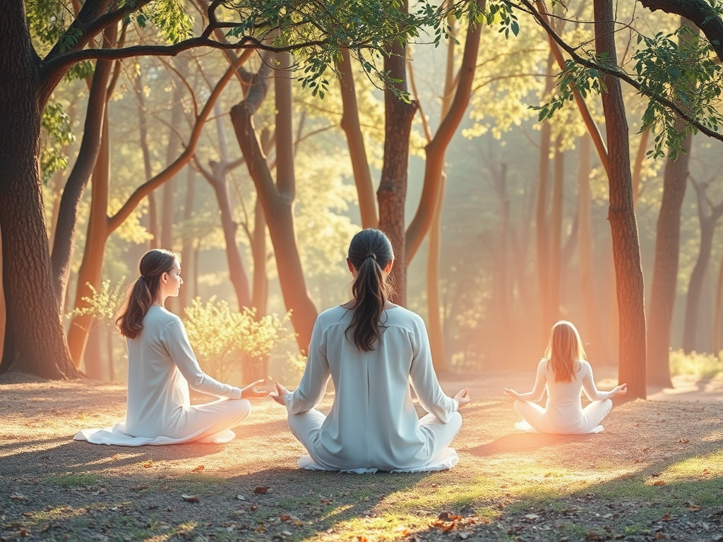 "A serene feminine sanctuary" "soft pastel colors" "women meditating together" "gentle light filtering through trees" "symbols of healing and growth" "layers of glowing energy surrounding them" "warm, peaceful atmosphere"
