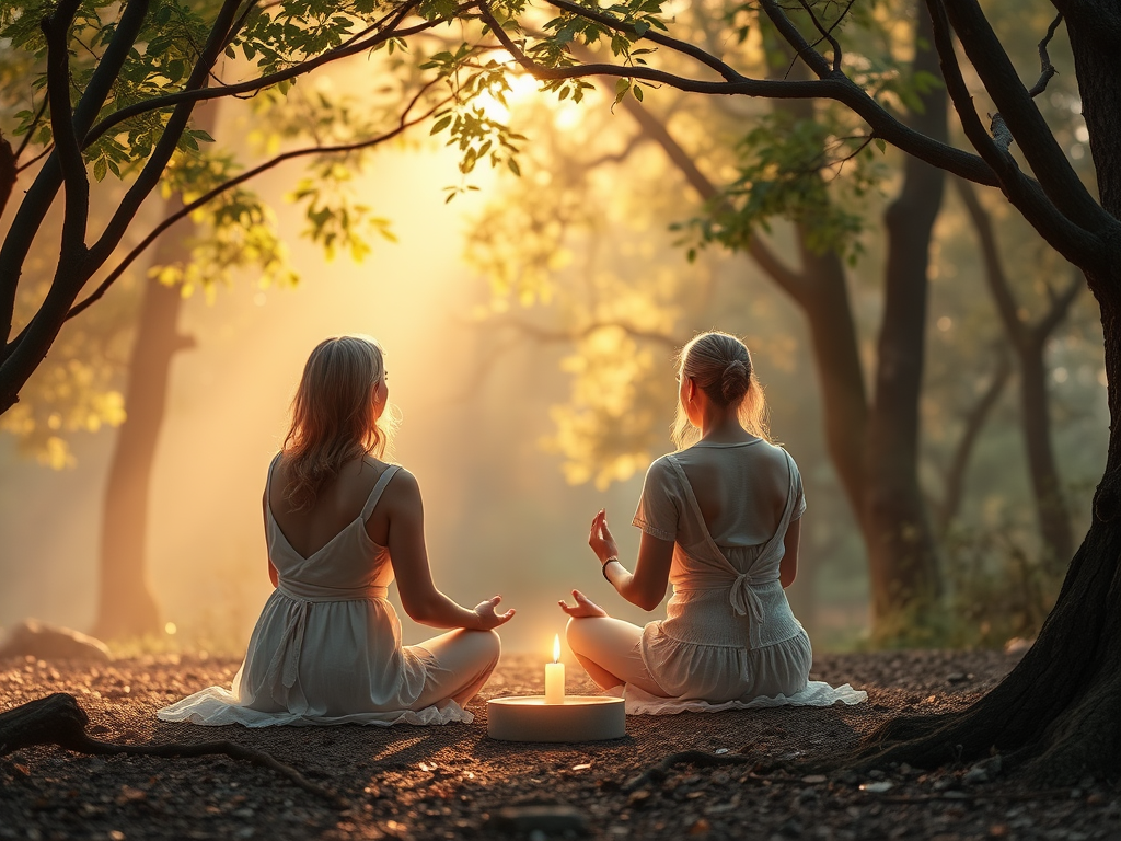 "A serene feminine sanctuary" "soft pastel colors" "women meditating together" "gentle light filtering through trees" "symbols of healing and growth" "layers of glowing energy surrounding them" "warm, peaceful atmosphere"