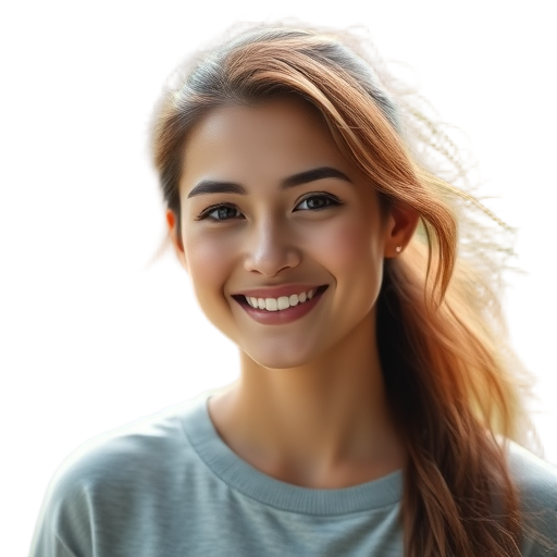 A serene woman smiling gently with soft lighting and a blurred natural background, wearing comfortable casual clothes, radiating calmness and warmth.