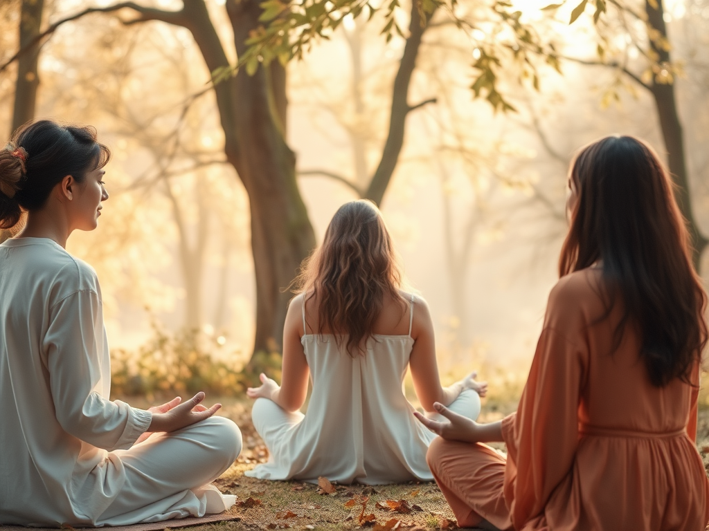 "A serene feminine sanctuary" "soft pastel colors" "women meditating together" "gentle light filtering through trees" "symbols of healing and growth" "layers of glowing energy surrounding them" "warm, peaceful atmosphere"