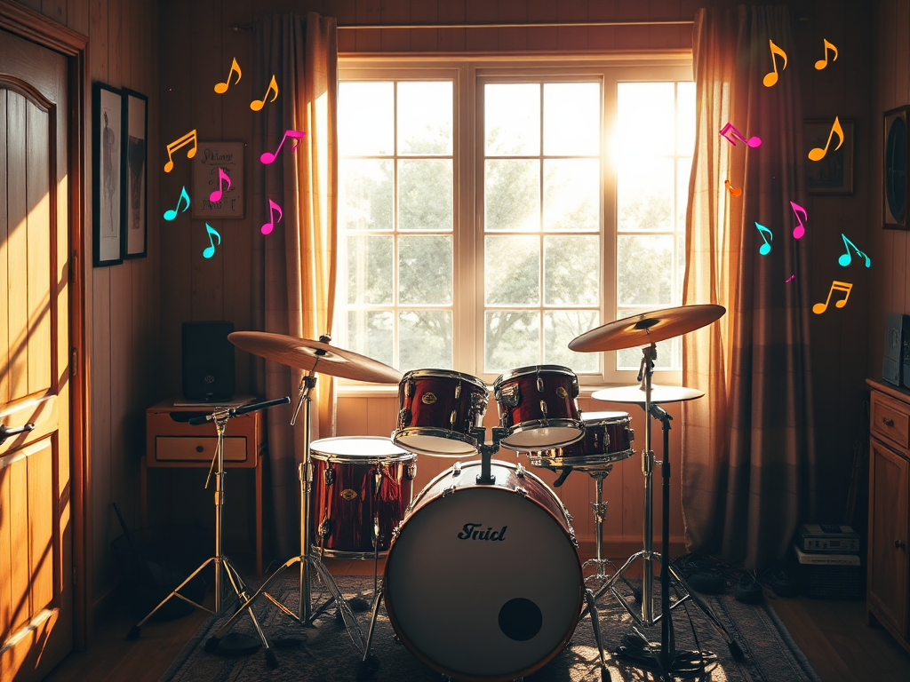 Een levendig drumstel in een gezellige kamer met zonlicht.