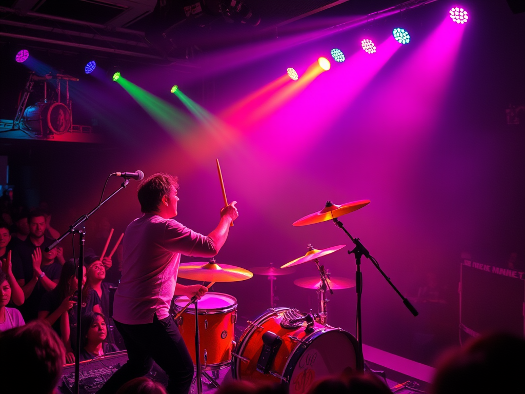 Een drummer speelt vol passie op het podium, omringd door kleurrijke lichten.