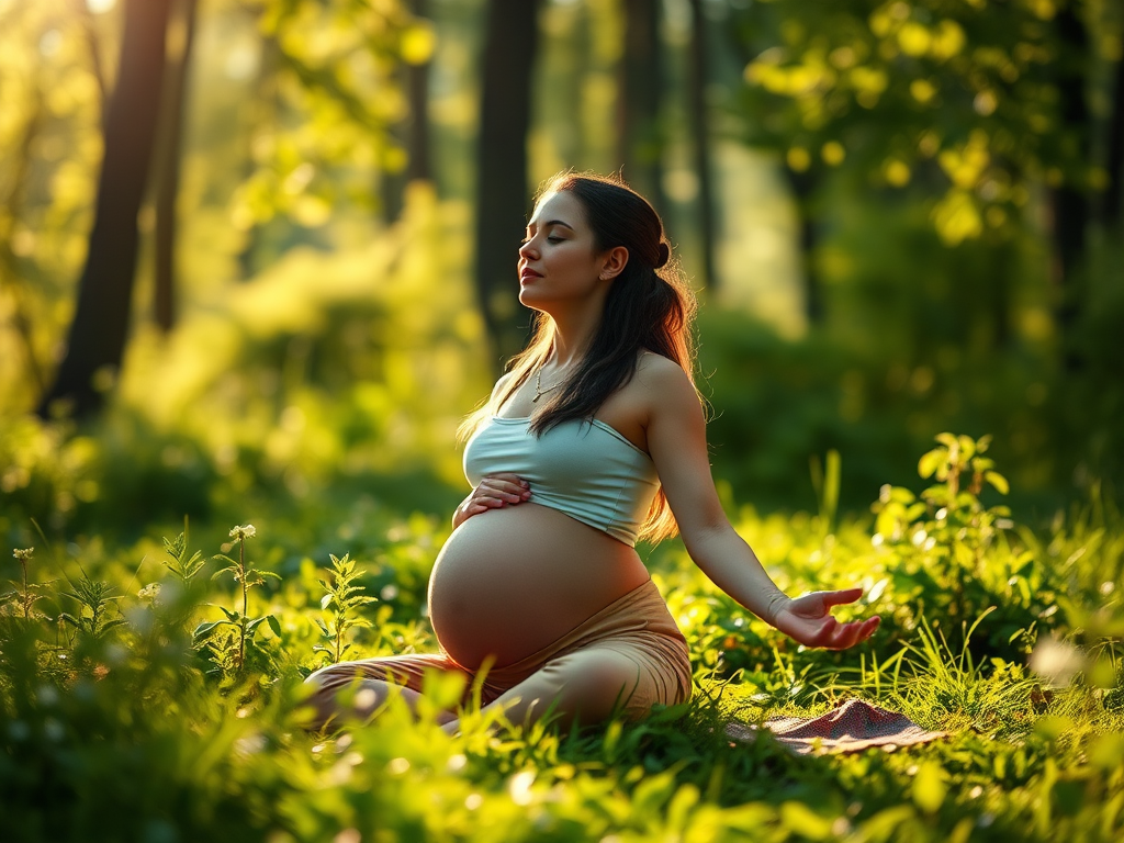 Een zwangere vrouw die vredig mediteert in de natuur.