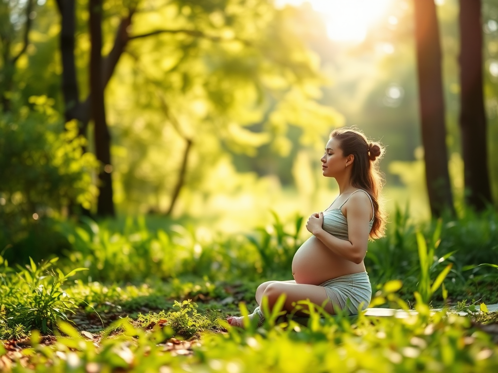 Een zwangere vrouw mediteert vredig in de natuur.