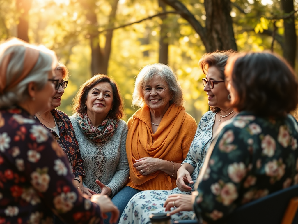 Een groep diverse vrouwen boven de 45 in gesprek, omringd door natuur.