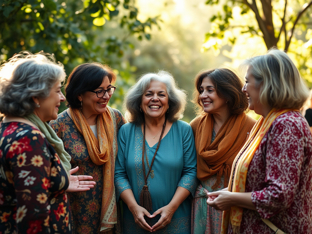 Zes vrouwen boven de 45, in gesprek in de natuur.
