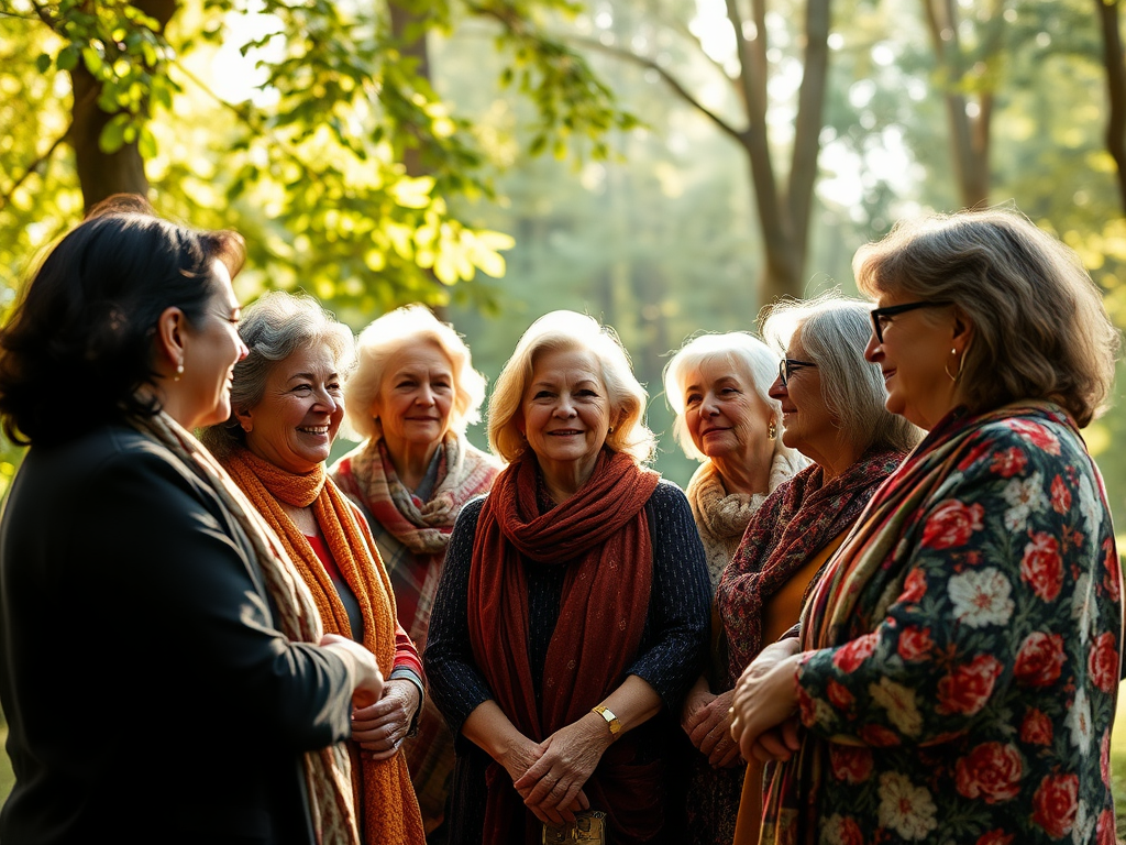Een groep diverse vrouwen boven de 45 in gesprek, omringd door natuur.
