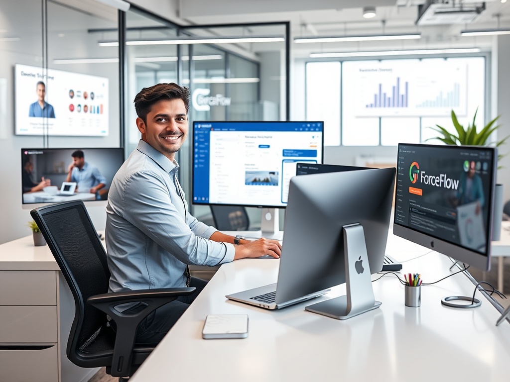 "A confident recruiter at a sleek desk overlooking a digital interface, ForceFlow branding present but not explicit, modular training scenes around—onboarding, candidate management, and analytics in a cohesive, modern office vibe."