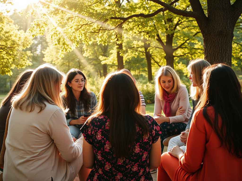 Een warme cirkel van vrouwen die verhalen delen in zonlicht.