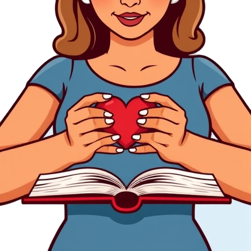 Vrouw houdt een hart vast boven een open boek.
