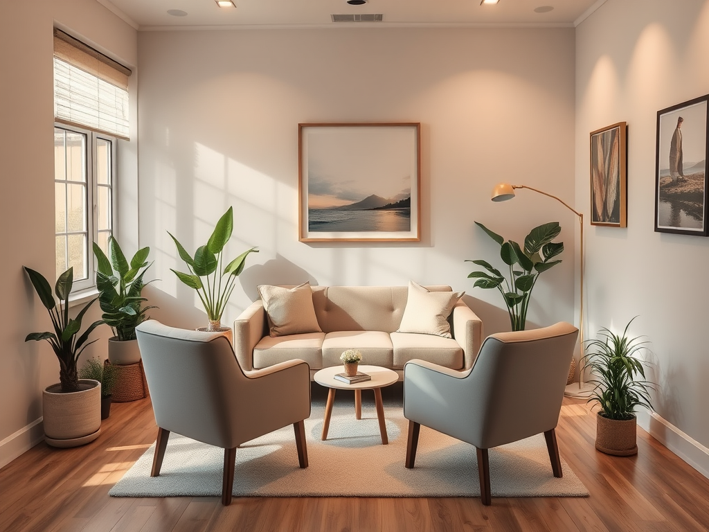 Een serene therapiekamer met zachte verlichting en planten.