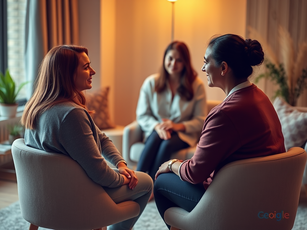 Een stel in een gezellige therapiekamer, diep in gesprek.
