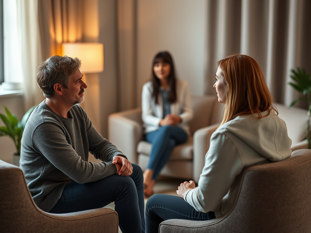 Een rustig stel in een therapiekamer, diep in gesprek.