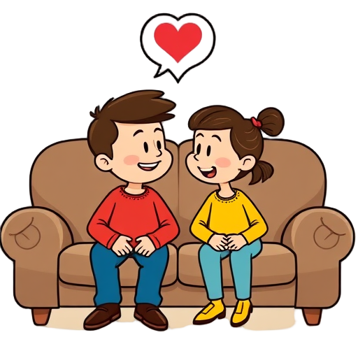 Twee cartoonfiguren op een bank met liefdevol gesprek.