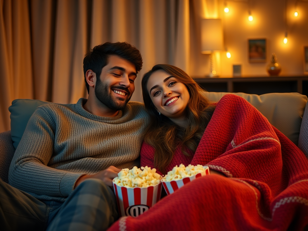 Een stel geniet van een filmavond met popcorn en een deken.