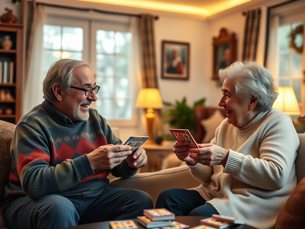Een stelletje speelt bingo in een gezellige woonkamer.