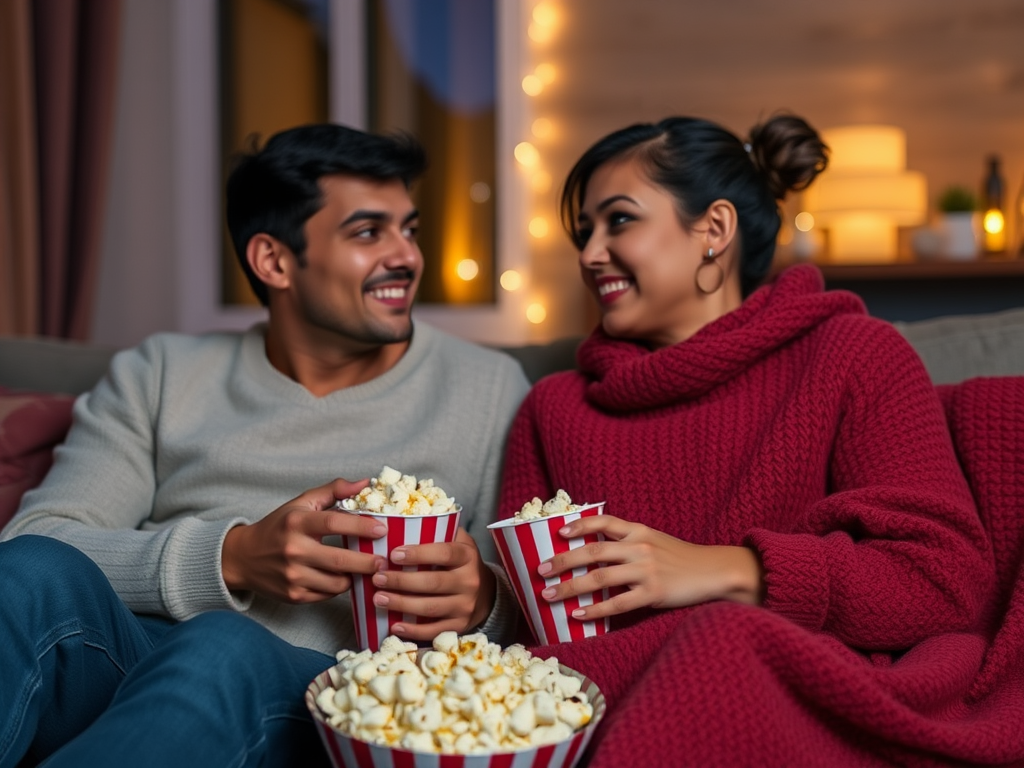 Een stel geniet van een filmavond met popcorn.