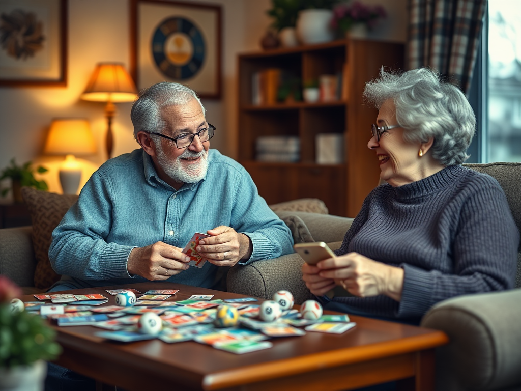 Een stel speelt bingo in een gezellige woonkamer.