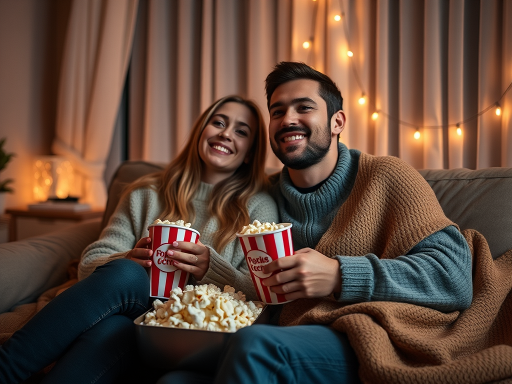 Een stel geniet van een filmavond met popcorn.