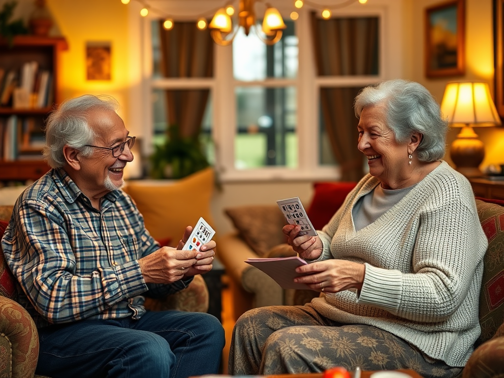 Een ouder paar speelt bingo in een gezellige woonkamer.