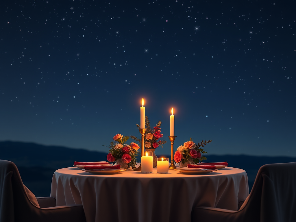 Een romantische tafel voor twee, verlicht door kaarsen.