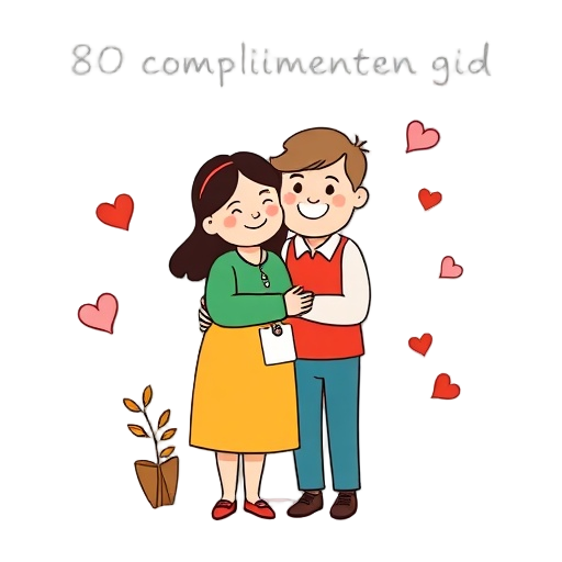 "80 complimenten gids" depict a friendly flat icon-style family scene with two simple parent figures hugging and smiling, surrounded by small supportive symbols like hearts and speech bubbles (without letters), include a small checklist element and seven 