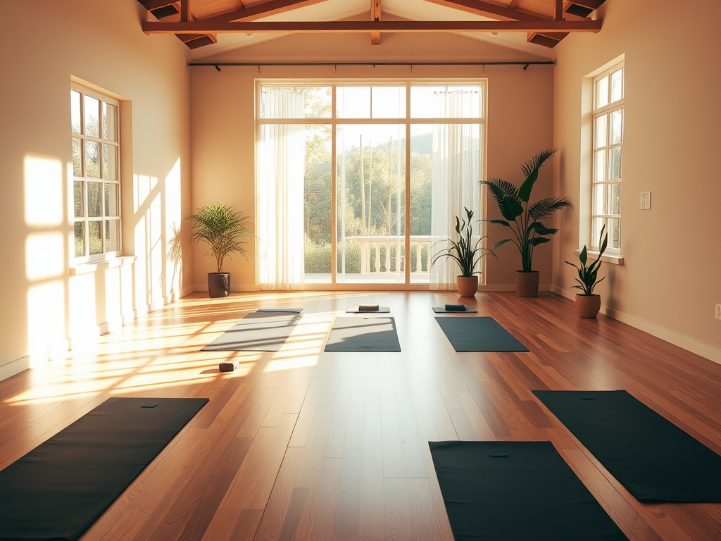 Een serene yogastudio met houten vloeren en planten.