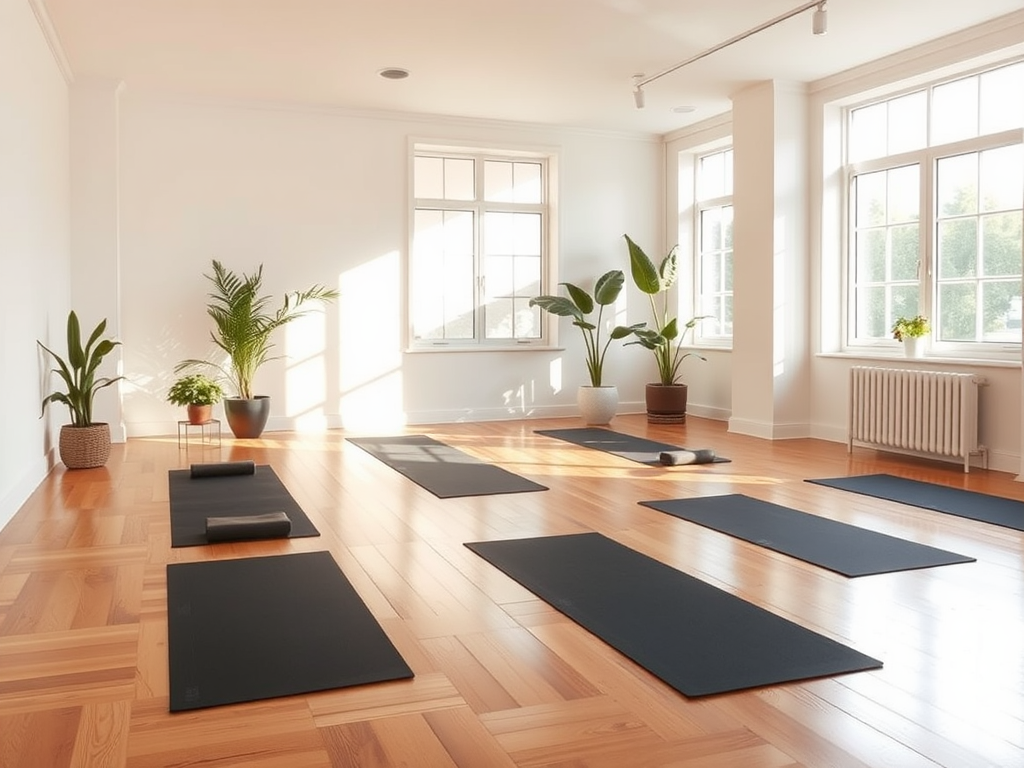 Een serene yogastudio met houten vloeren en planten.