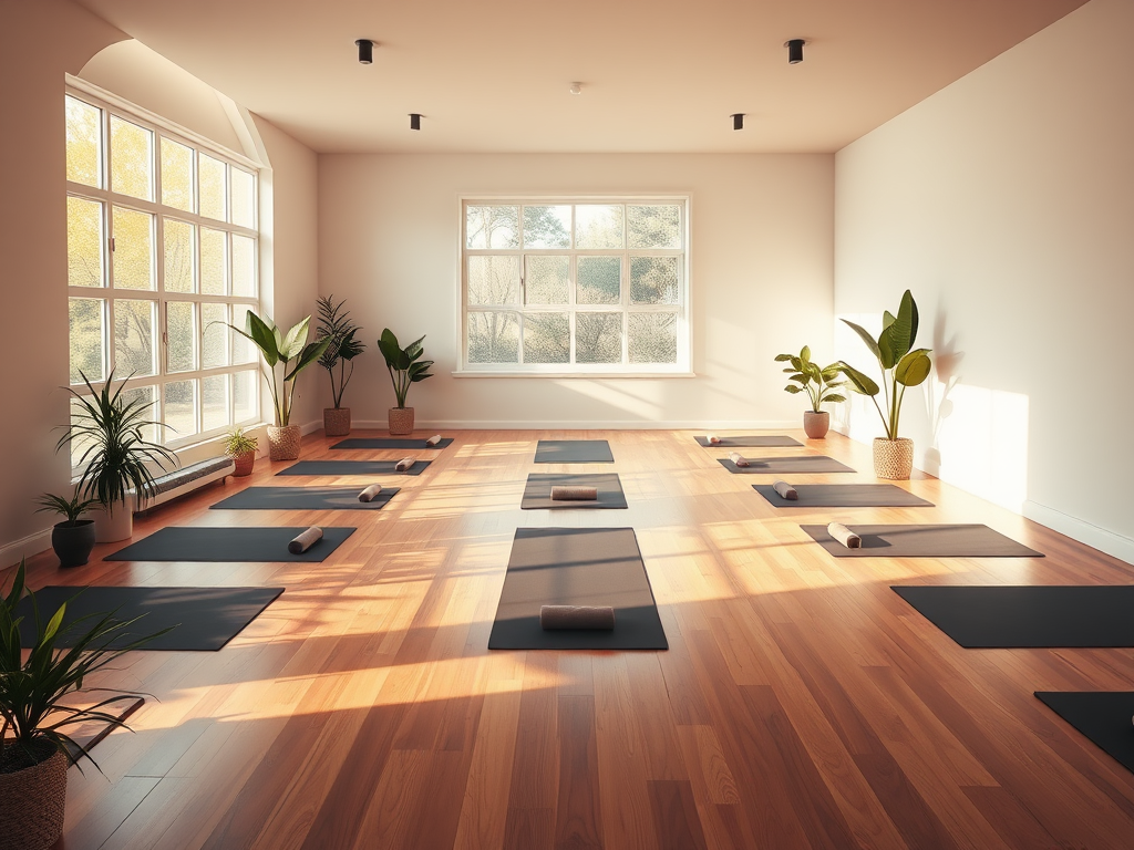 Een serene yogastudio met houten vloeren en planten.