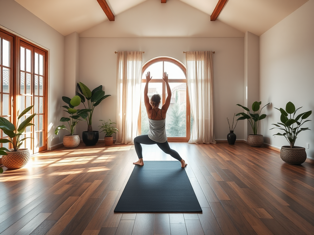 Een rustige yogastudio met planten en een instructeur.
