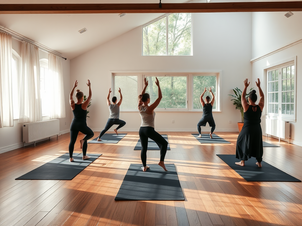 Een serene yogastudio met studenten in poses.