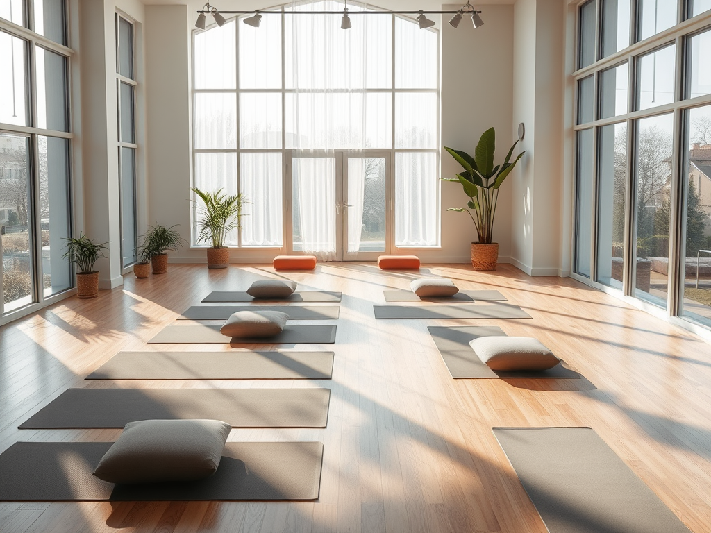 Een serene yogastudio met lichtinval en nette matten.