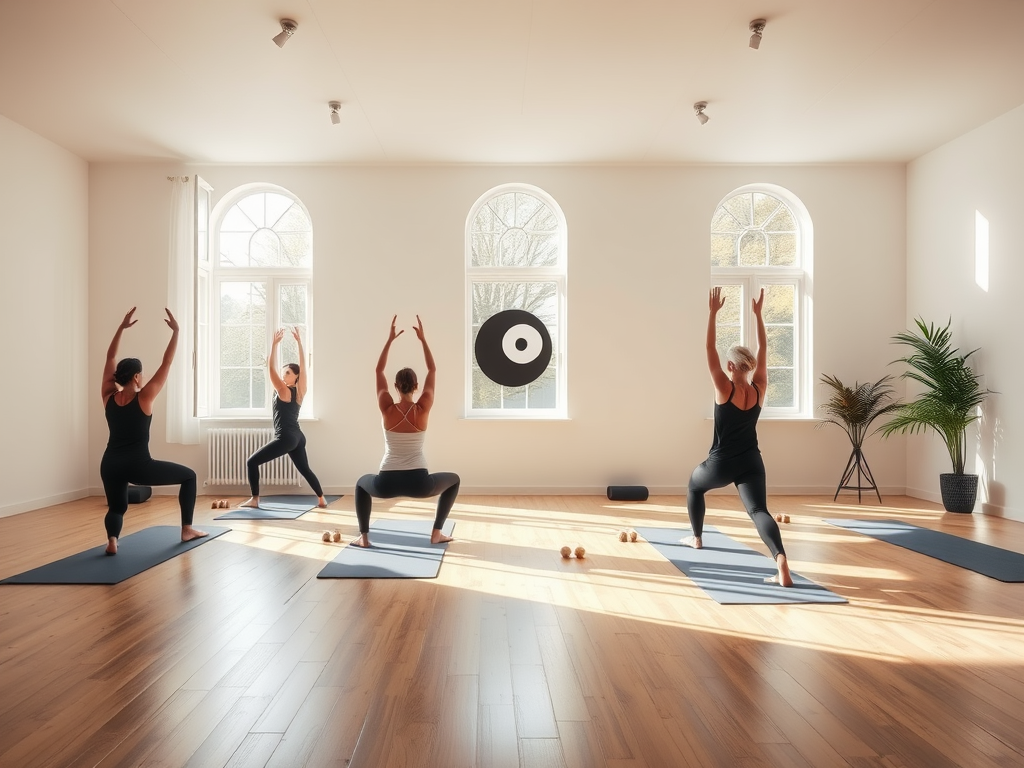 Een rustige yogastudio met studenten in poses.